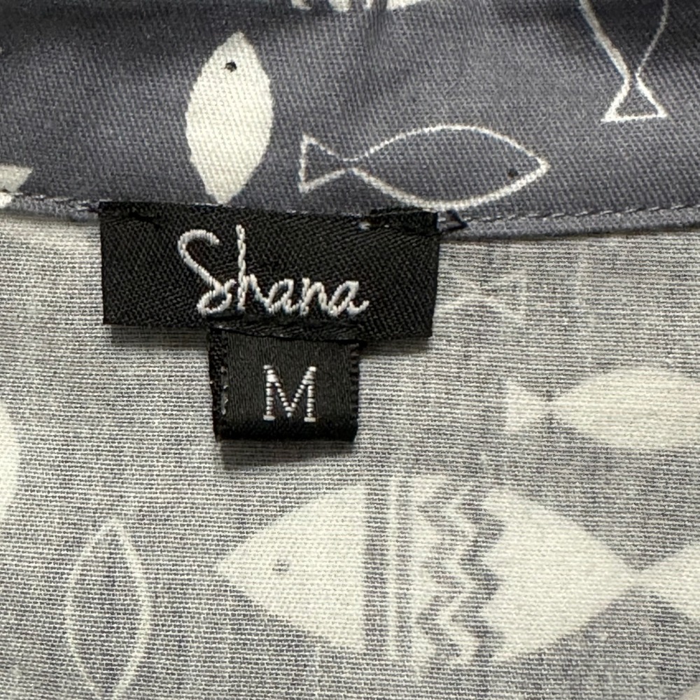 Shana Fish Print Tunic Shirt Cotton Back Zip Roll Tab Sleeve Grey Whimsical Sz M - Picture 3 of 7